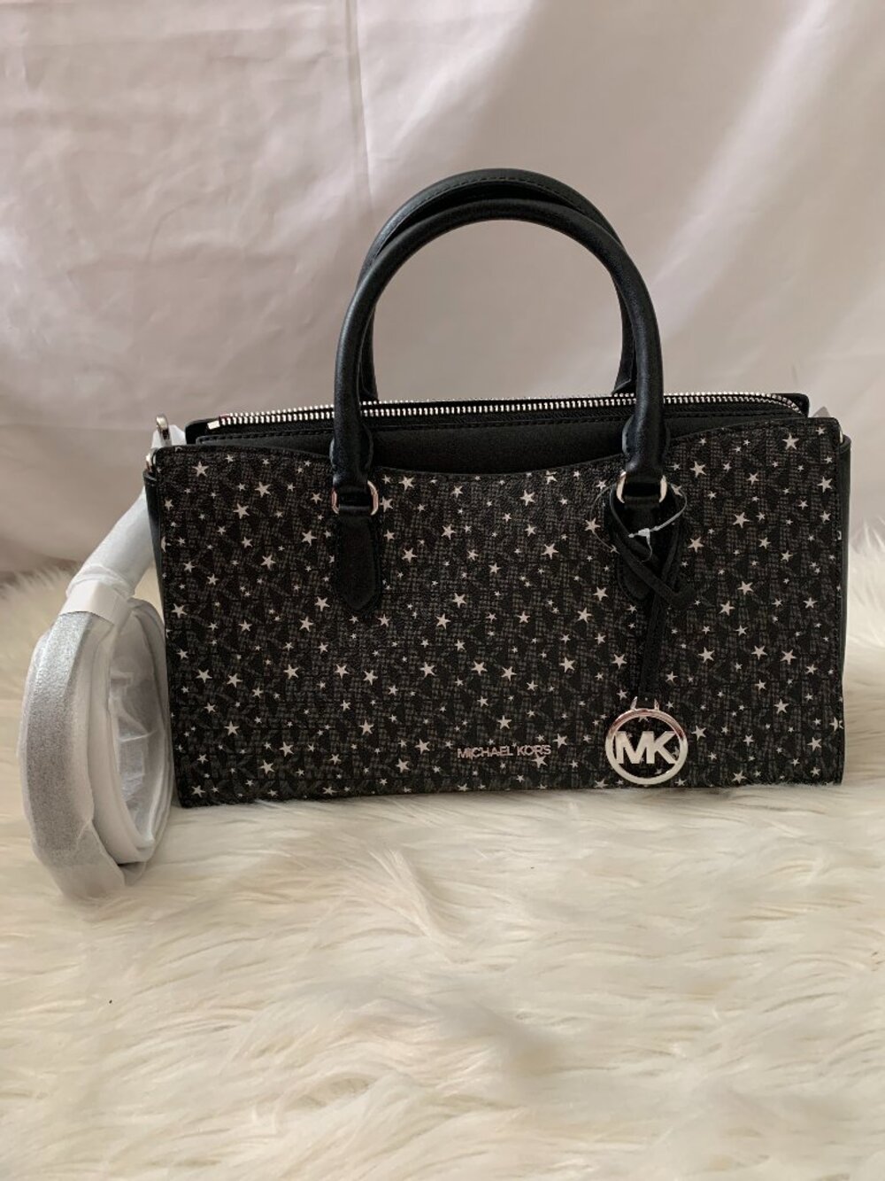 MICHAEL KORS Arden Signature Logo Star Medium Satchel in Black/Silver